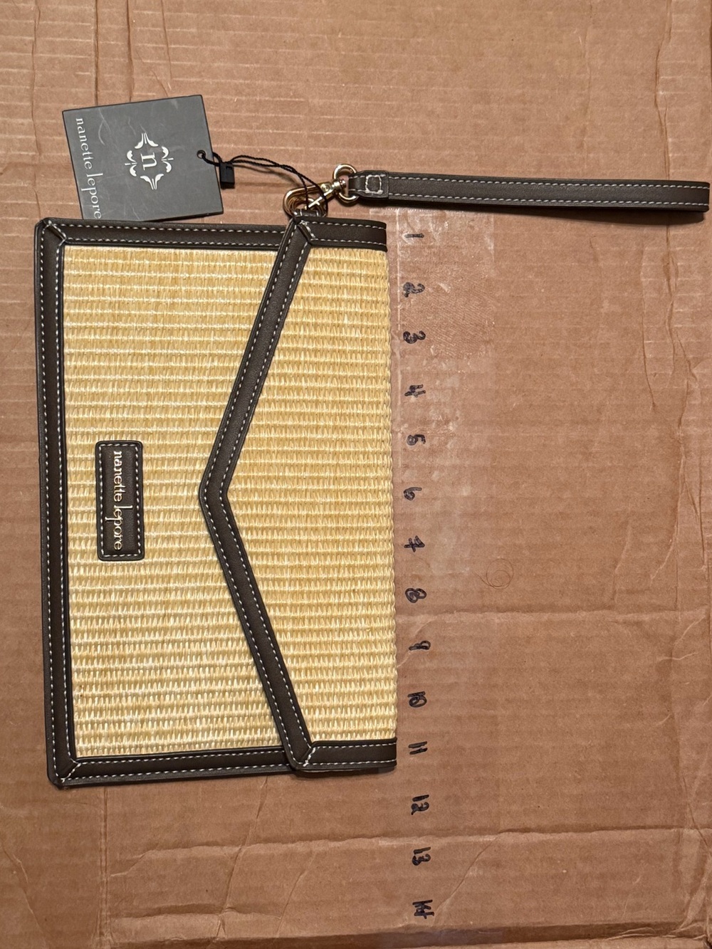 Nanette Lepore Beige Straw and Brown Trim Wristlet Clutch
